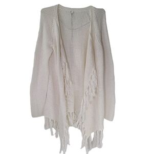 Margaret O'Leary White Fringe Hem Open Front Cardigan Size Large